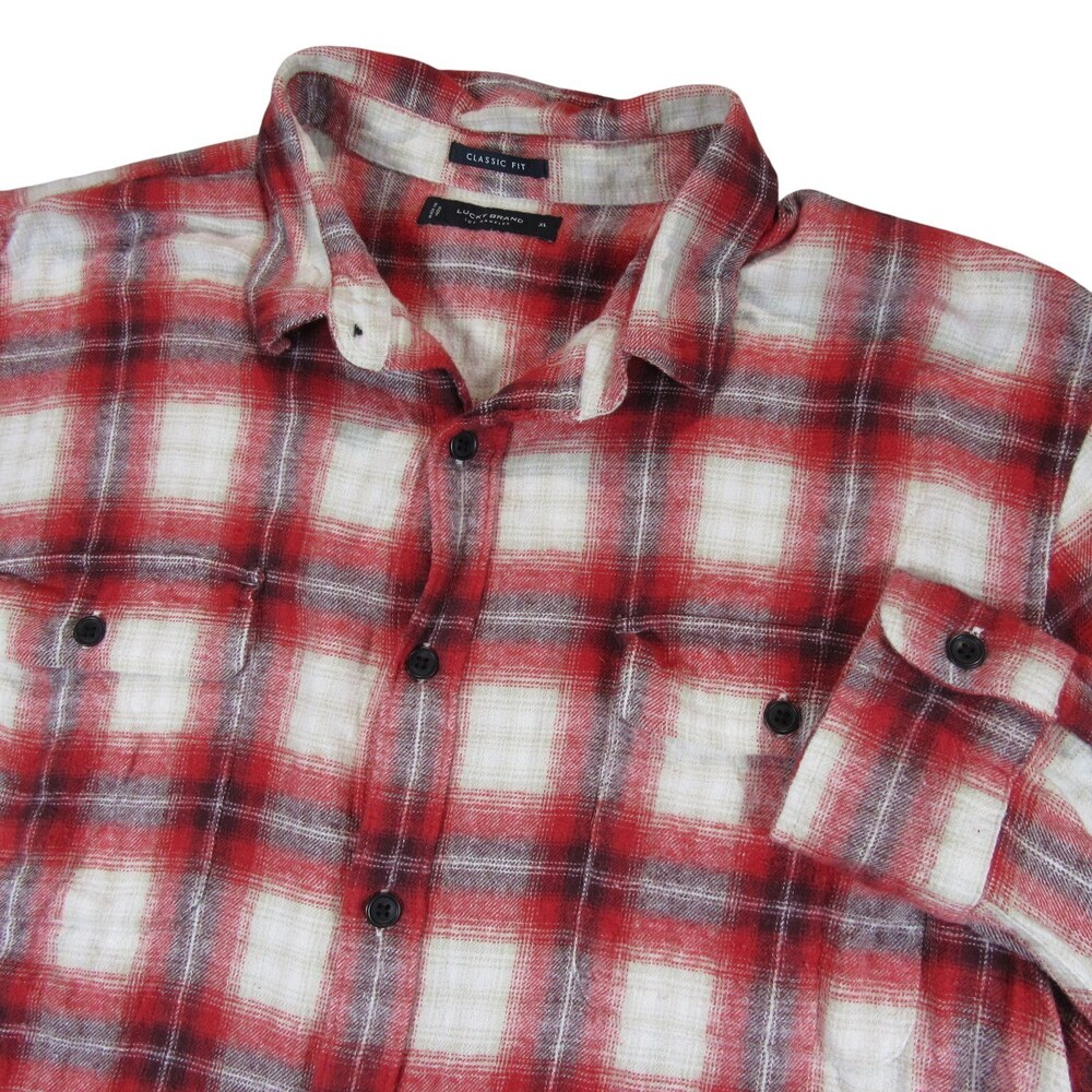 Lucky Brand Mens Flannel Shirt XL Classic Fit Red White Plaid Button Up